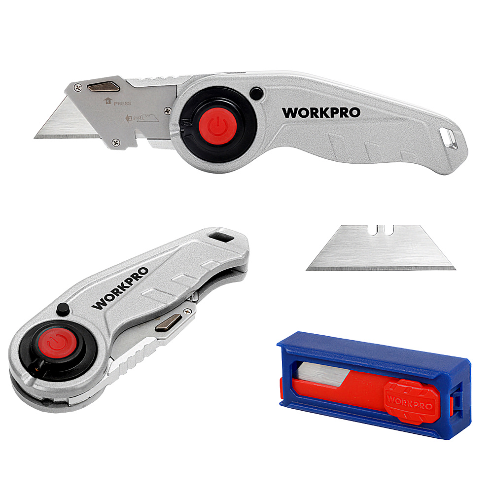 Нож универсальный складной со сменными лезвиями с подсветкой WP211009 WORKPRO